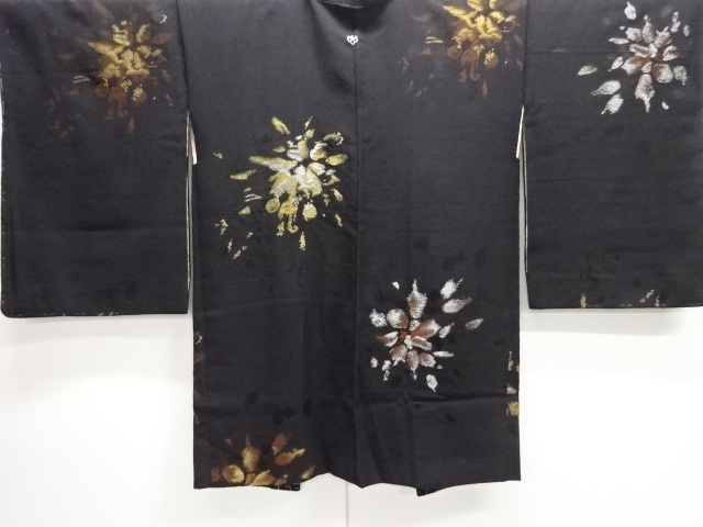 JAPANESE KIMONO / ANTIQUE TAISHO ROMANTIC FLORAL PATTERN WOVEN LACQUER